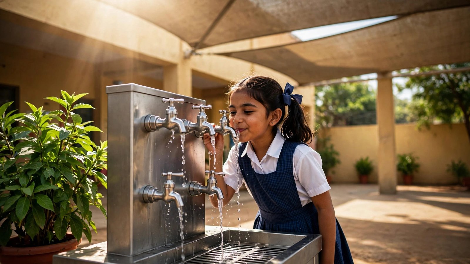 Schoolgirl drinking from a shaded stainless-steel water station in a sunny courtyard.