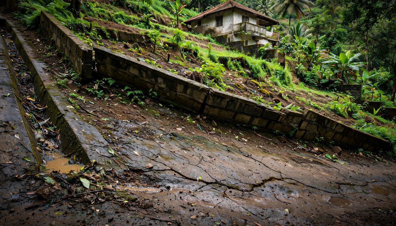 A hillside house above cracked wet ground, a leaning wall, and a blocked roadside drain.