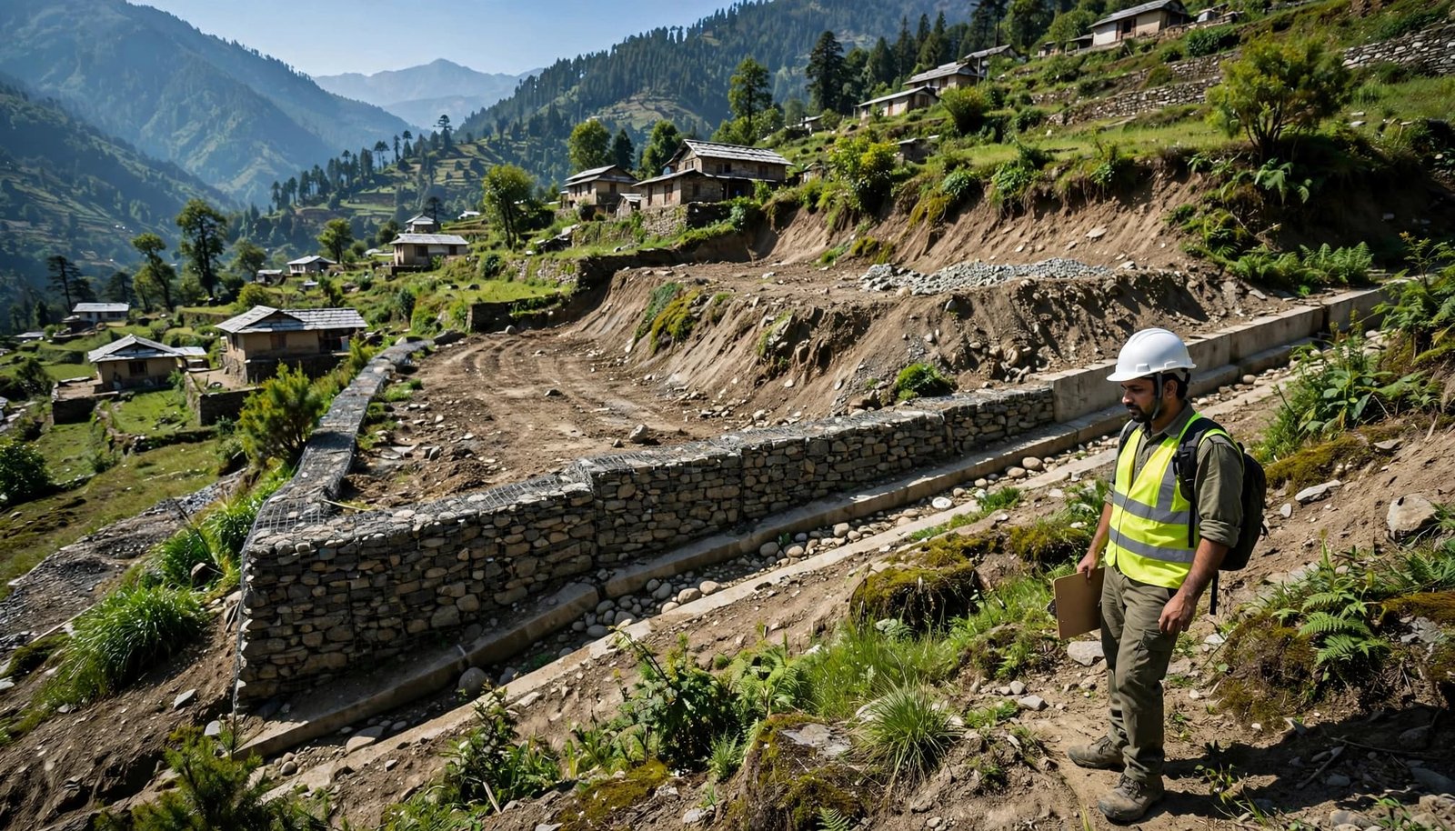 Inspector checks a hillside home site beside a drainage channel and retaining wall.