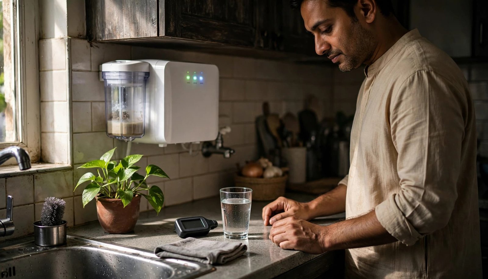 Homeowner checking a water purifier with a TDS meter and glass nearby.