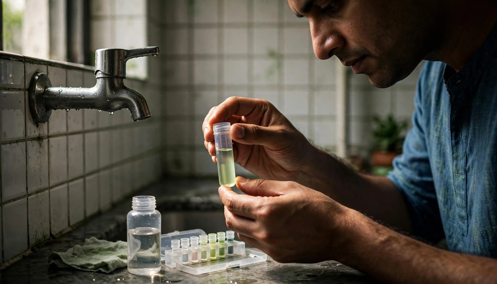 Resident checks a drinking-water sample with a chlorine test vial at a utility-room counter.