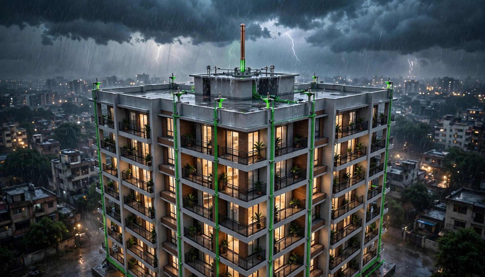Modern Indian apartment building with rooftop lightning protection glowing green during a storm.