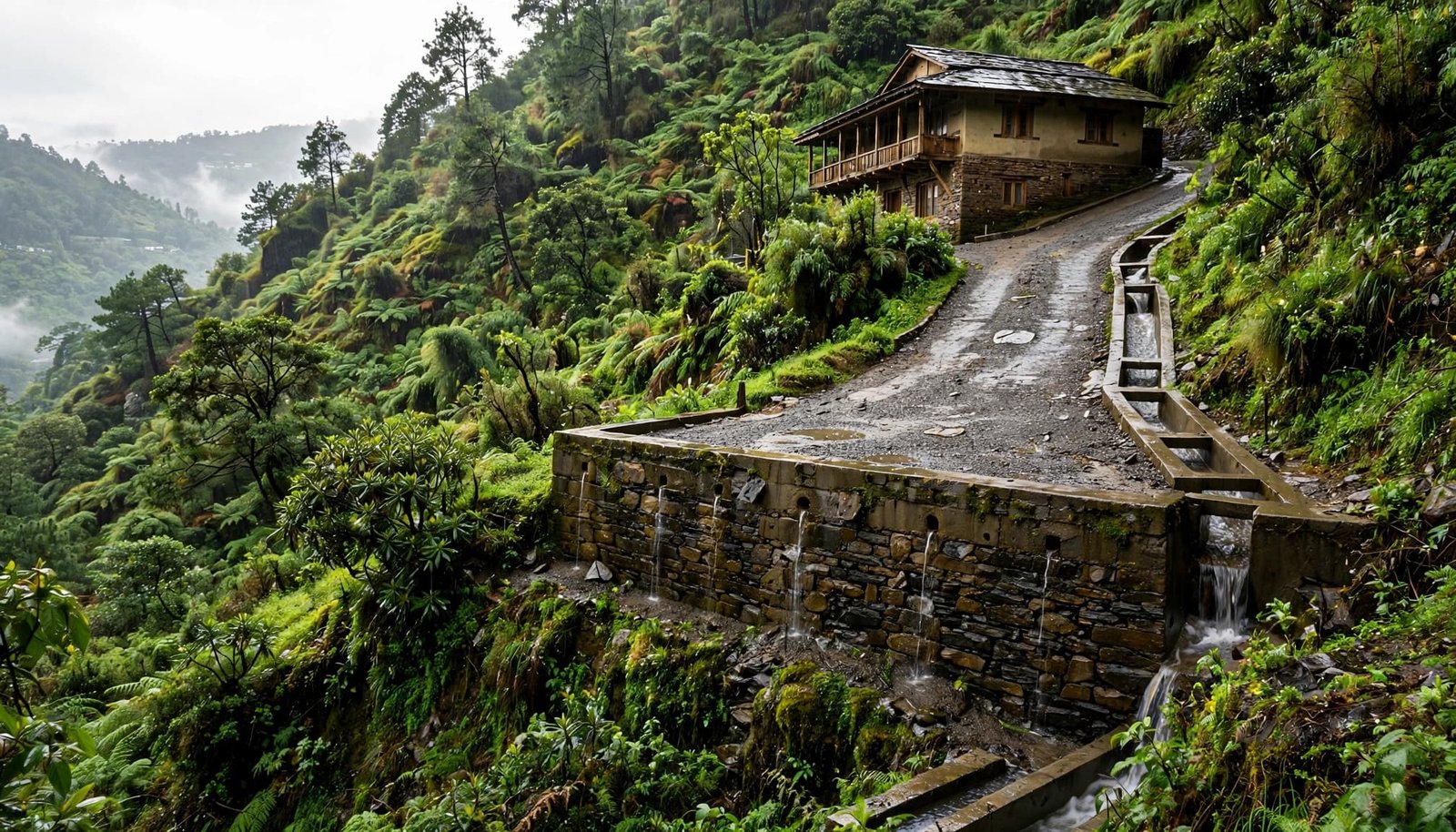 A hillside home with drainage channels, a driveway, and a retaining wall after heavy rain.