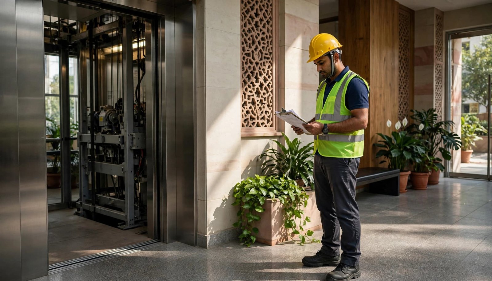 A lift inspector reviews equipment beside an apartment elevator while holding a paper file.