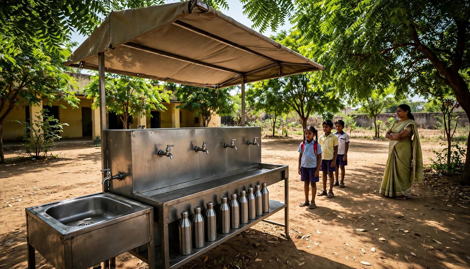 Three children wait at a shaded school water station while a teacher supervises.