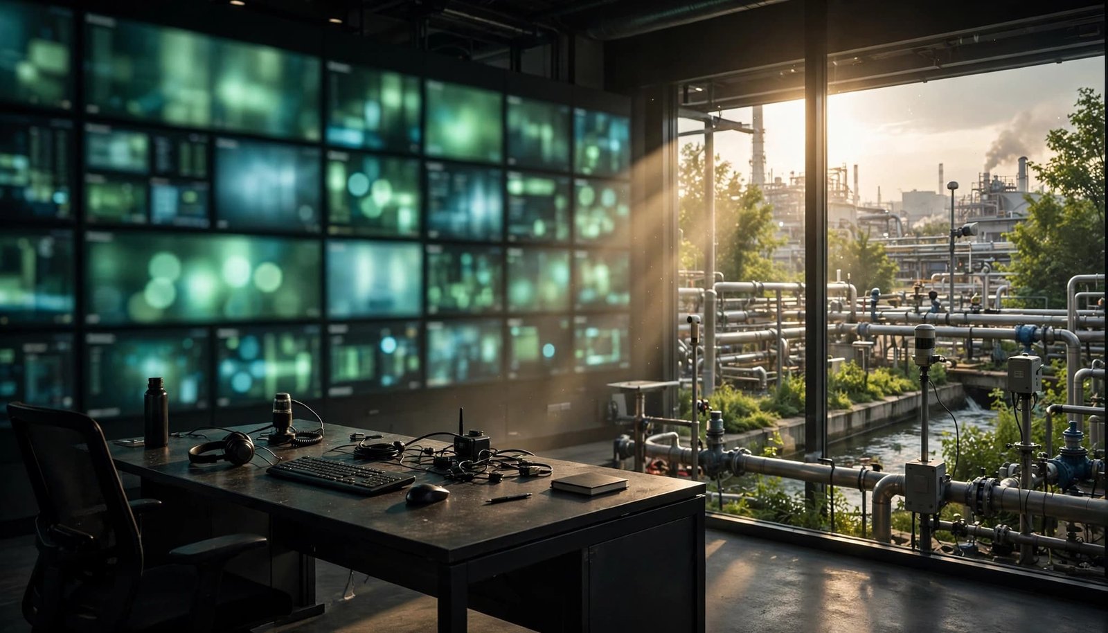 Empty control room workstation viewing industrial sensors and green planting through glass.