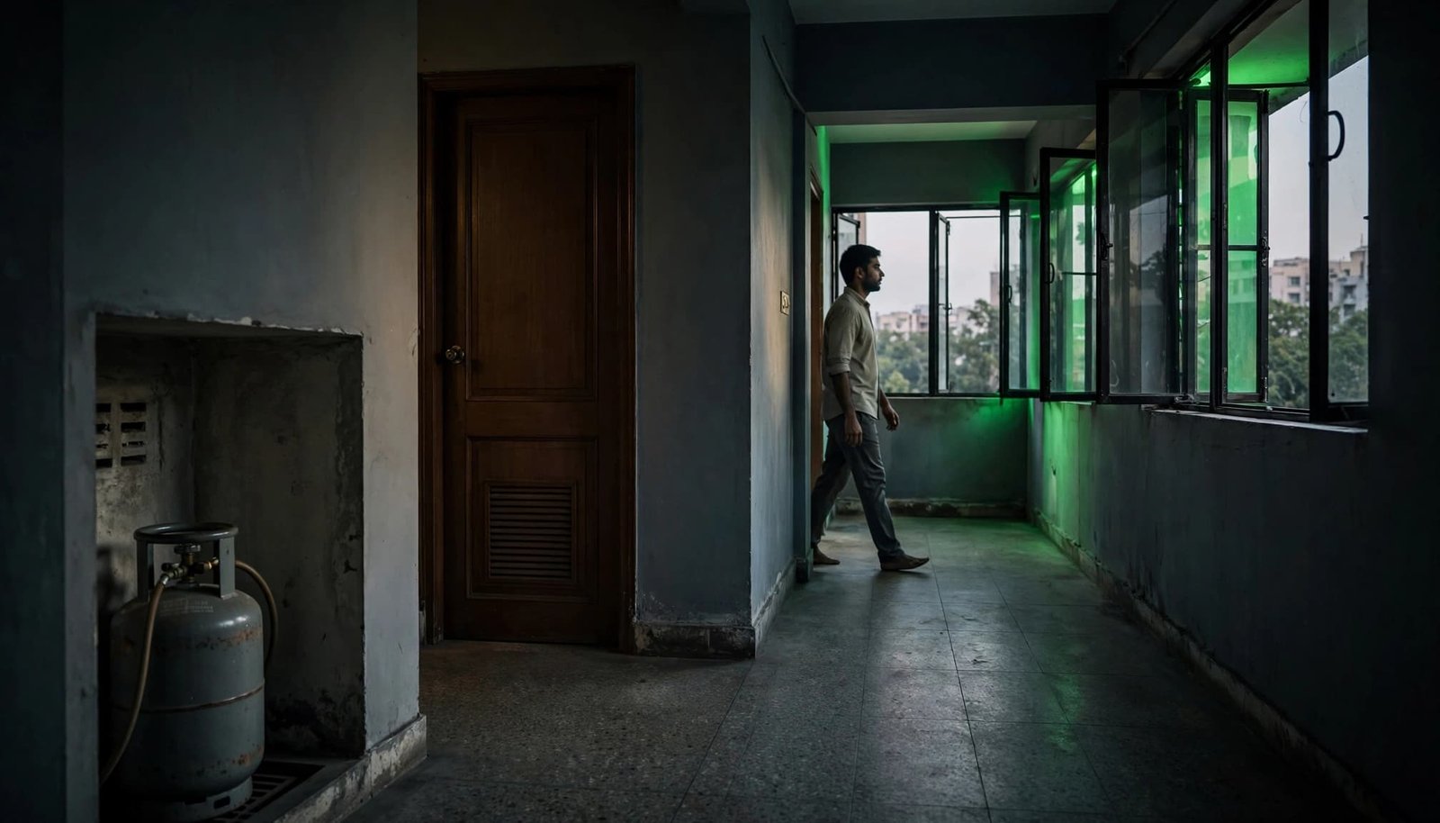 Person moving away from a closed kitchen door toward open windows.