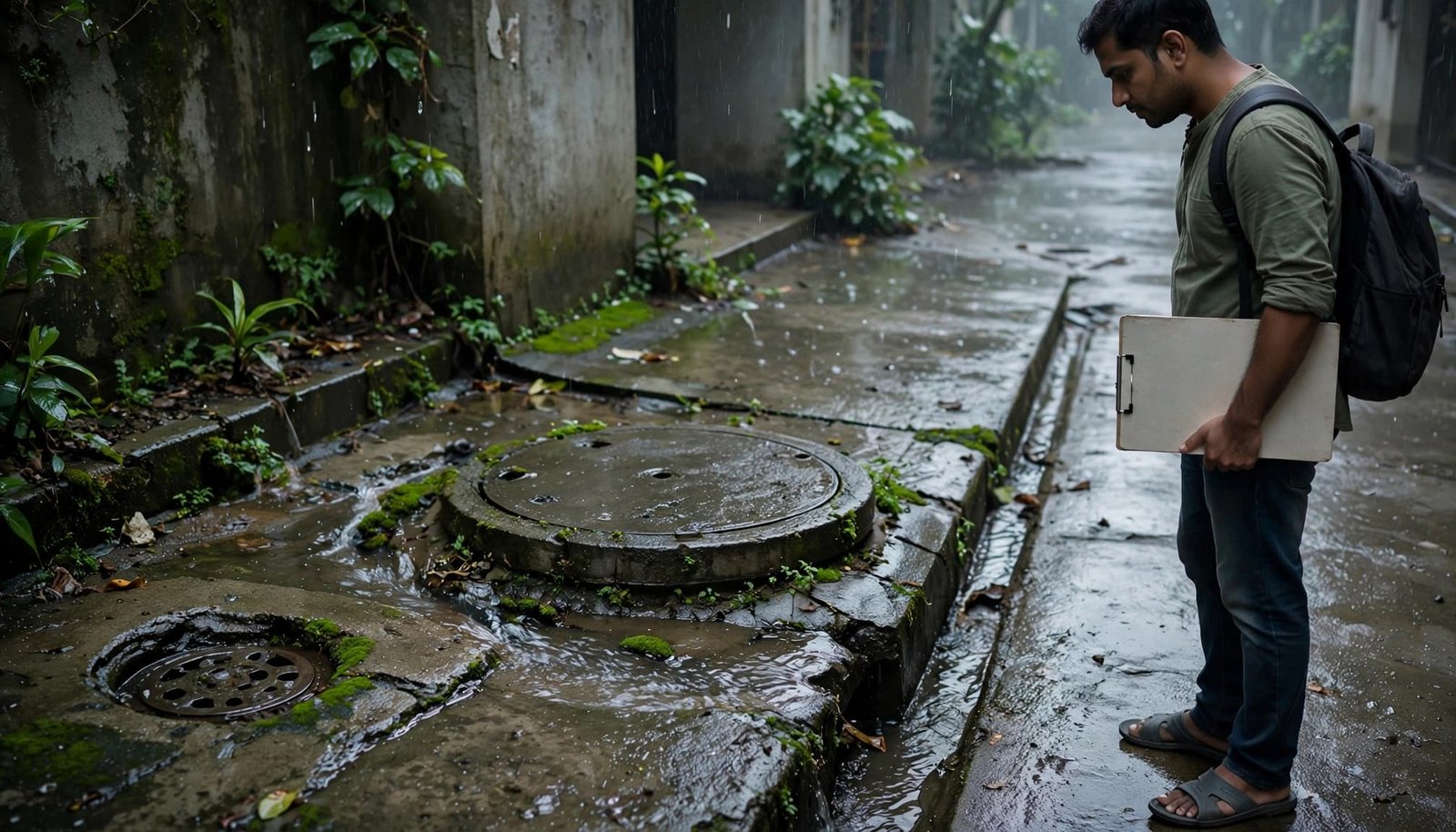 Renter checking a floor drain and sealed inspection cover outside a wet apartment.