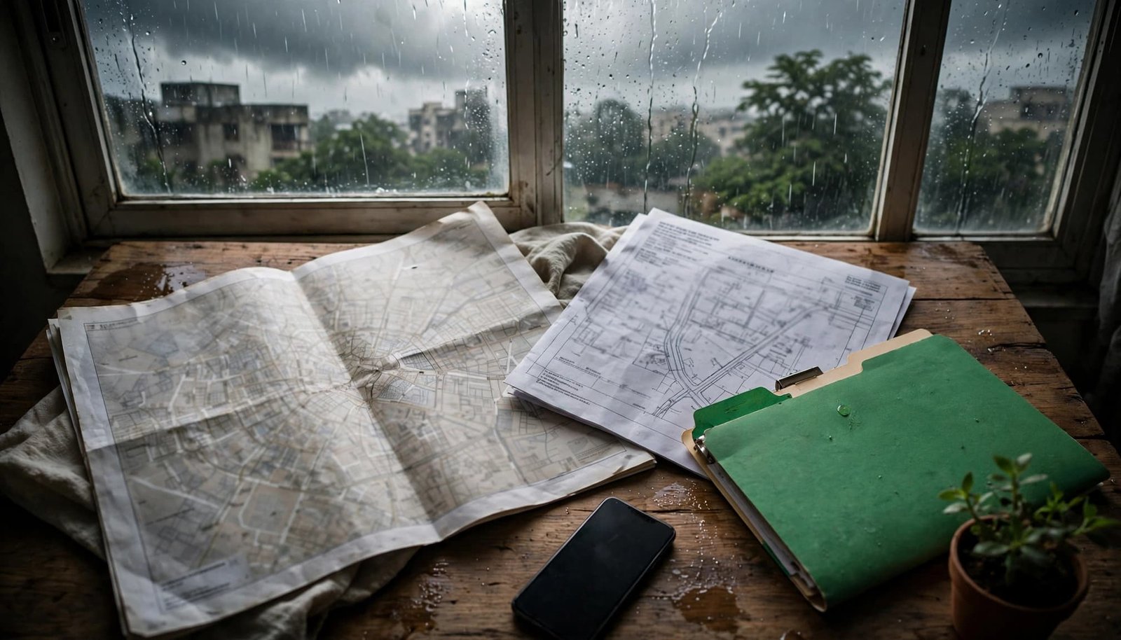 Map, drainage papers, property folder, and smartphone on a table beside a rainy window.