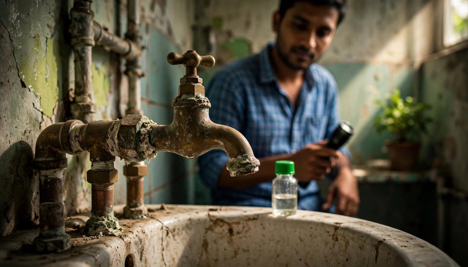 A renter checks a bathroom tap beside exposed pipes and a ceramic basin.