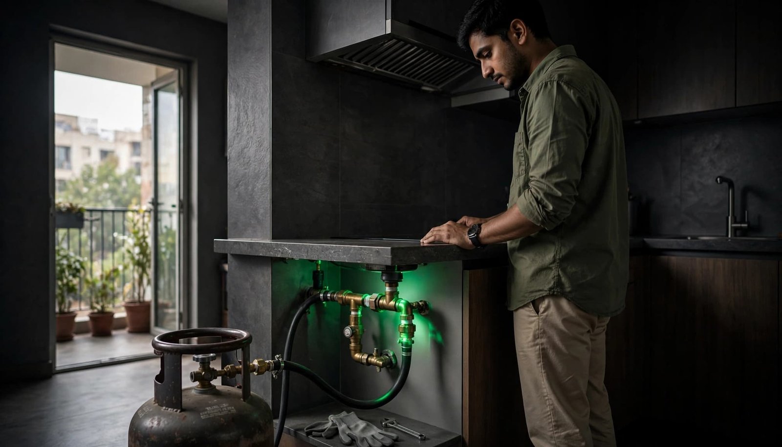 A renter checks an LPG cylinder and pipe connections in a ventilated kitchen.