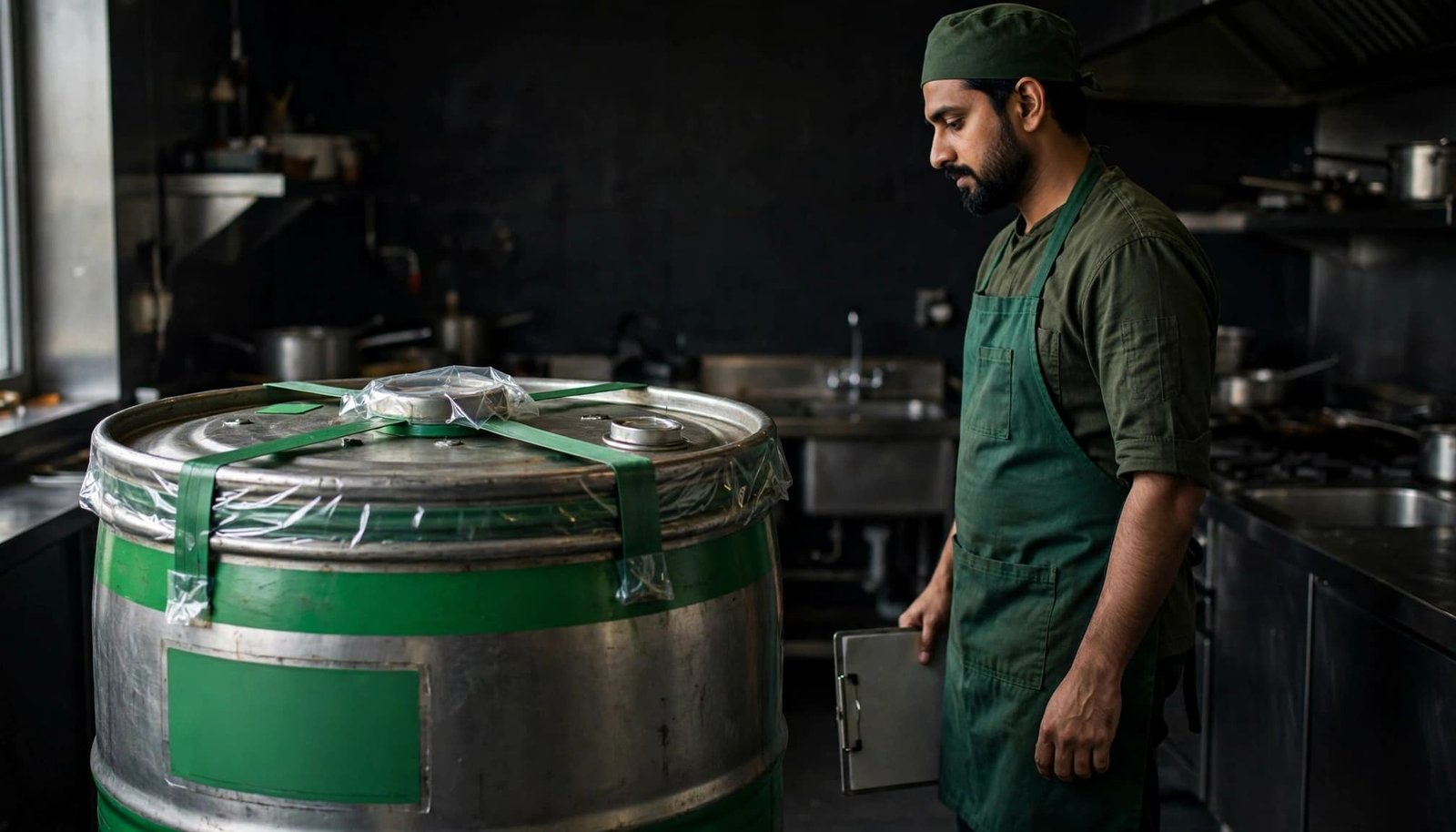 A restaurant worker checks a sealed green oil drum beside stainless kitchen equipment.