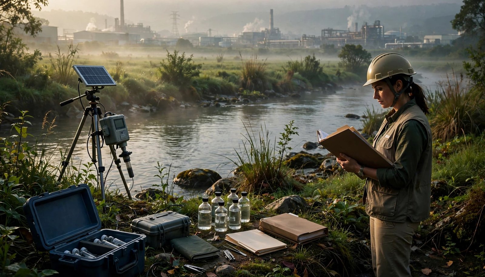 An auditor reviews a dossier beside river testing equipment and sampling bottles.