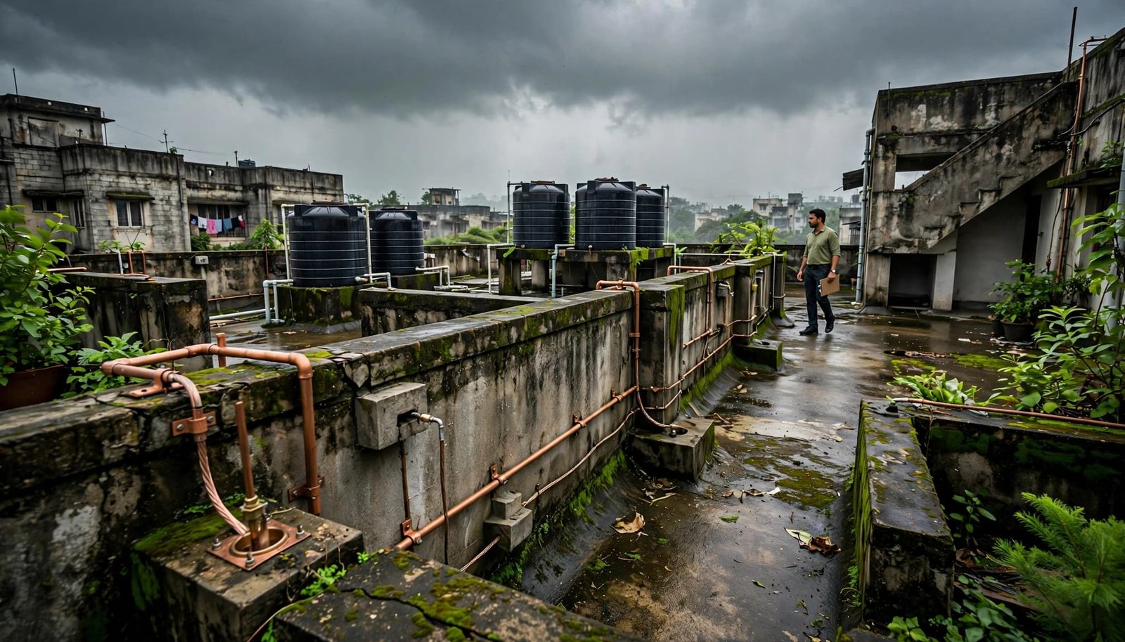Property manager inspecting rooftop lightning protection beside water tanks.