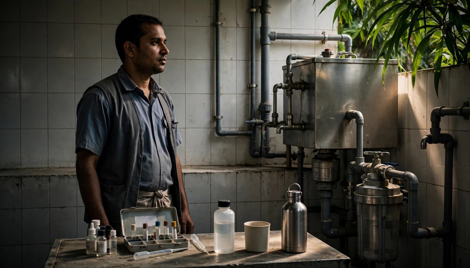 Worker beside a school water station with testing supplies on a table.