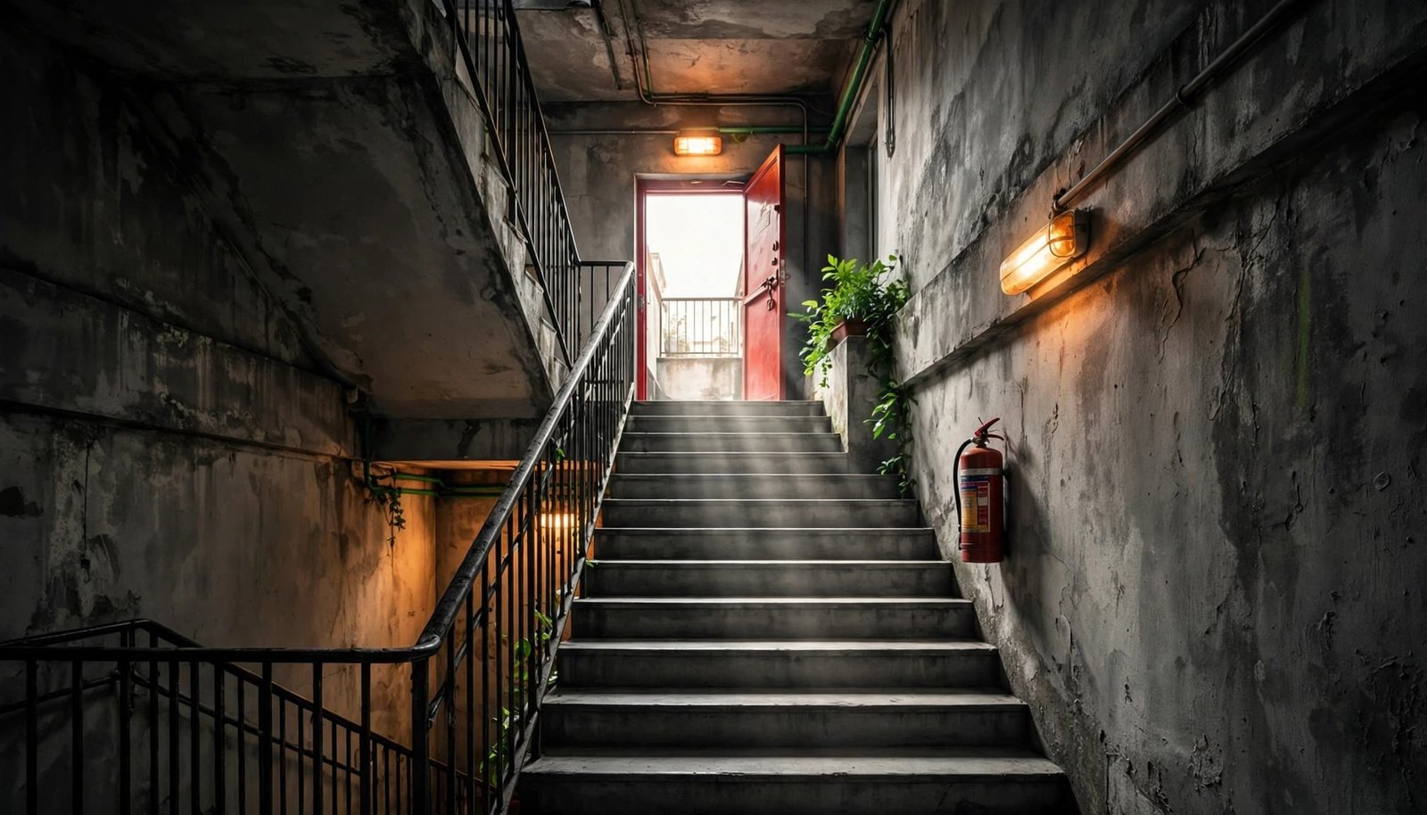Open apartment stairs lead toward a red fire door, with emergency lights and an extinguisher outside the walkway.