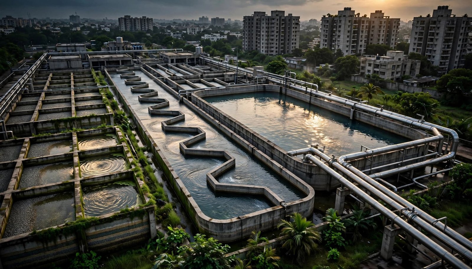 Treatment basins and pipes lead toward apartment towers at dusk.