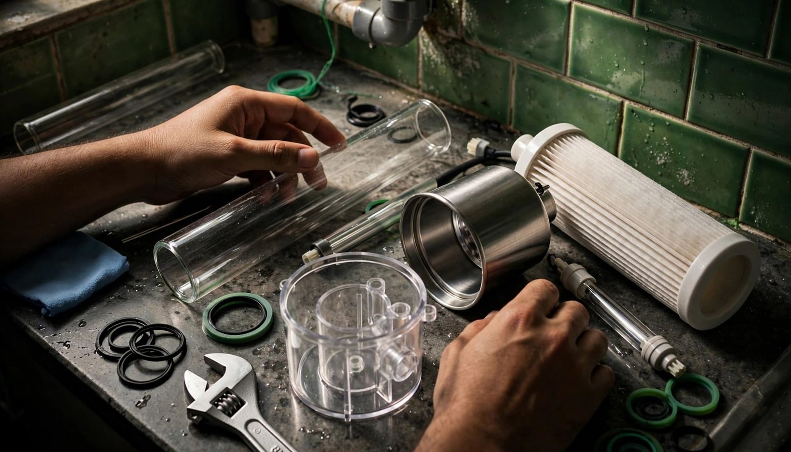 Hands inspect a UV purifier lamp, quartz sleeve, and sediment filter on a counter.