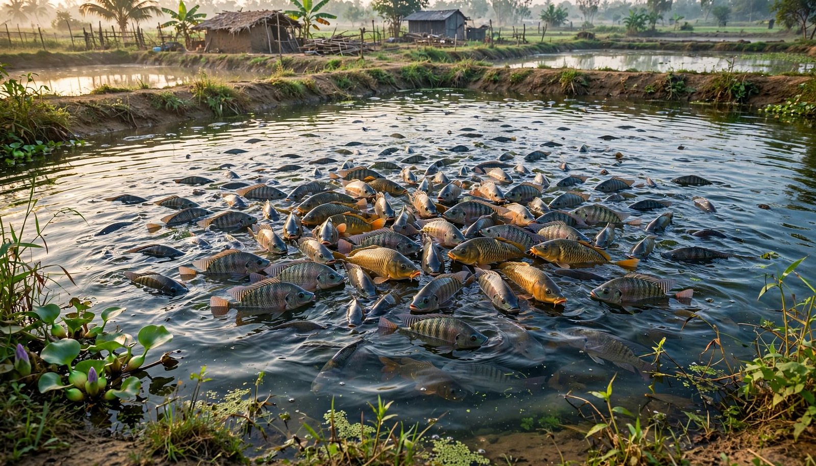 A densely stocked fish pond with many tilapia and carp swimming near the surface at sunrise.