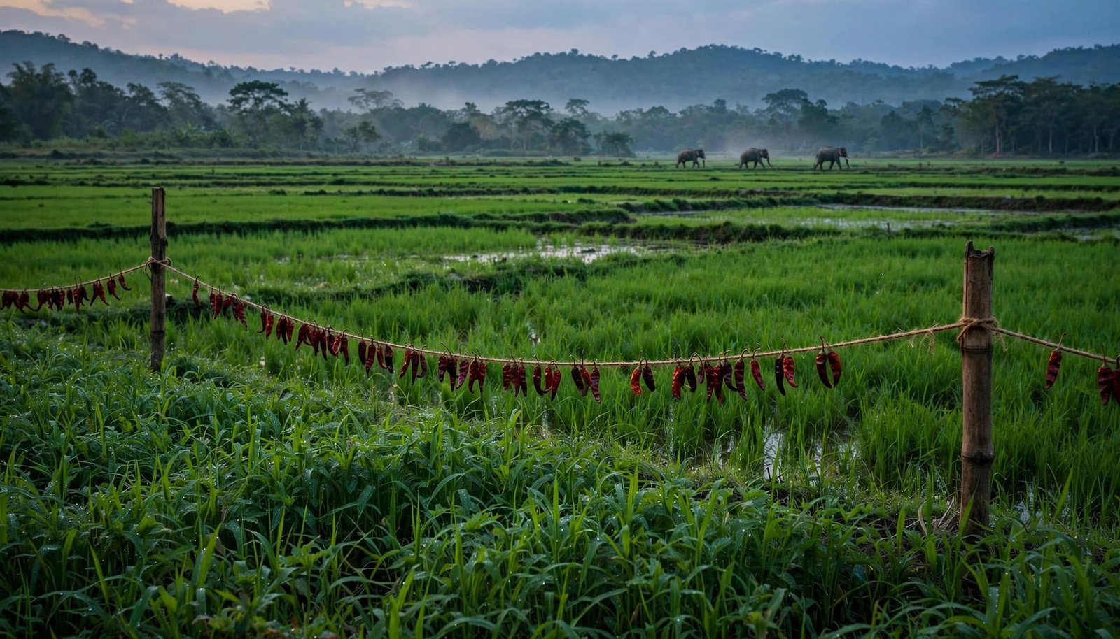 A wide landscape of a green field with a chili rope barrier in the foreground and three elephants in the distance.