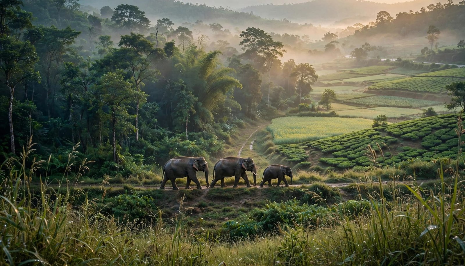 Three elephants cross a grassy corridor between forest and fields.