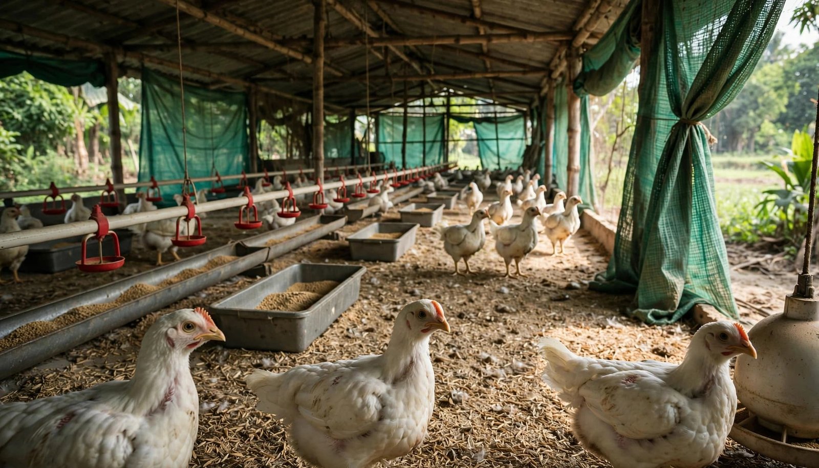 Broiler chickens inside a clean, well-lit rural poultry house in India with feed troughs and green curtains.