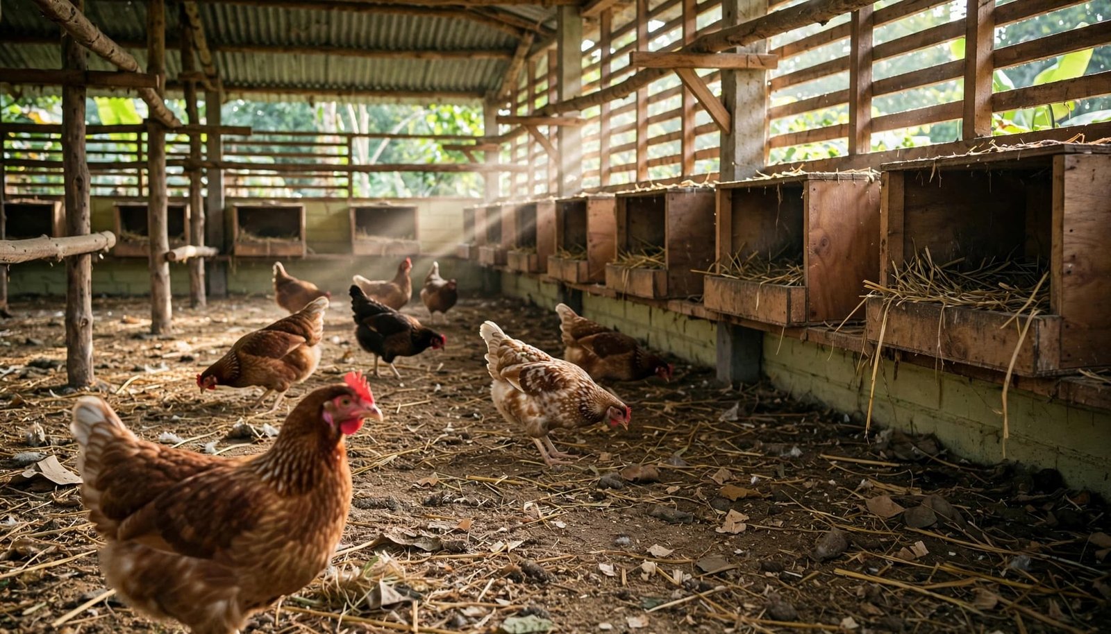 Hens roam on litter beneath perches inside a bright poultry barn.