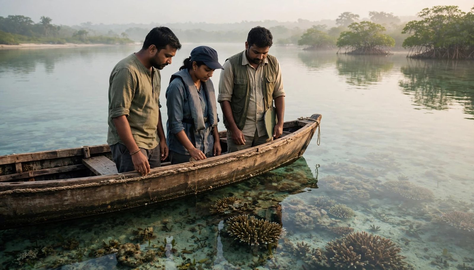 Three people stand on a wooden boat in a calm tropical lagoon, looking down at clear water with coral reefs.