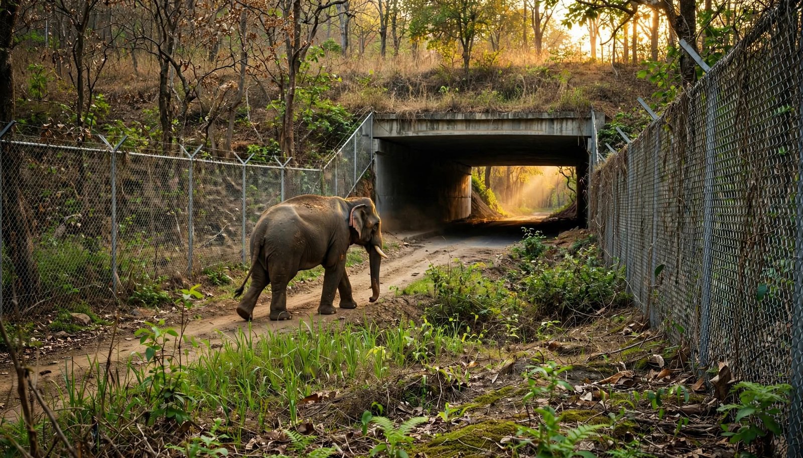 An elephant approaches a highway underpass between chain-link fences.