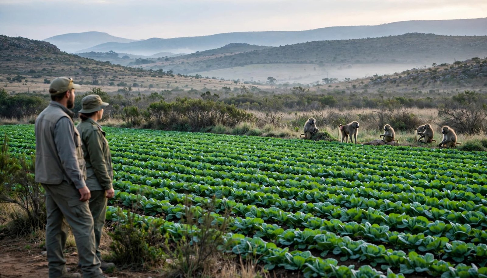 Two field guards observe five baboons near the edge of a cultivated green field in the early morning.