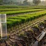 A water tube stands beside rice seedlings in cracked soil, with green fields and trees beyond.