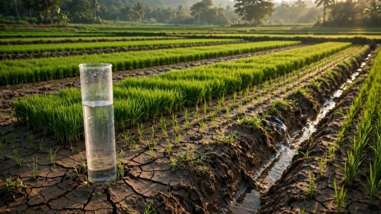 A water tube stands beside rice seedlings in cracked soil, with green fields and trees beyond.