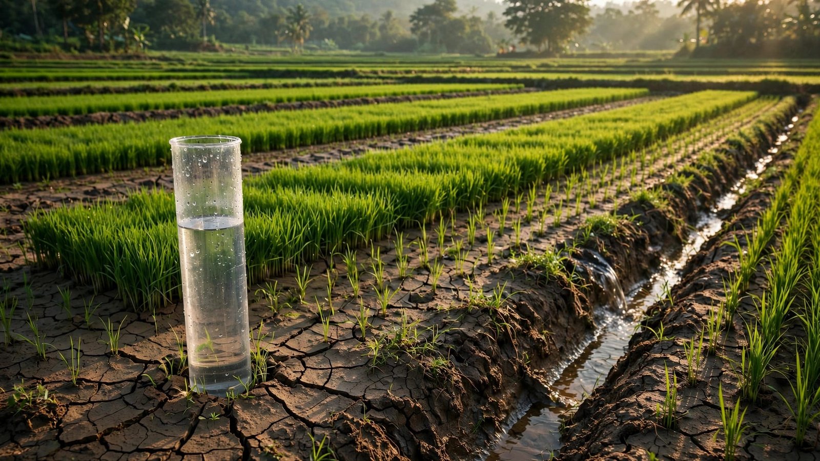 A water tube stands beside rice seedlings in cracked soil, with green fields and trees beyond.