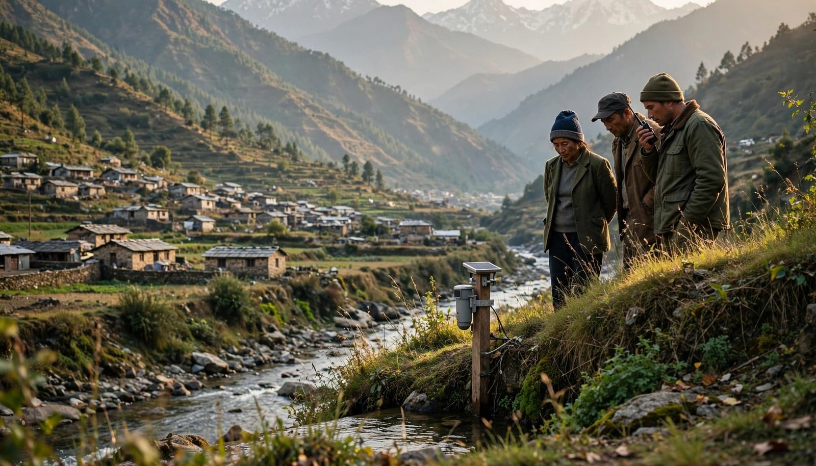 Three adults observe a water-level sensor on a riverbank with mountains and a village in the background.