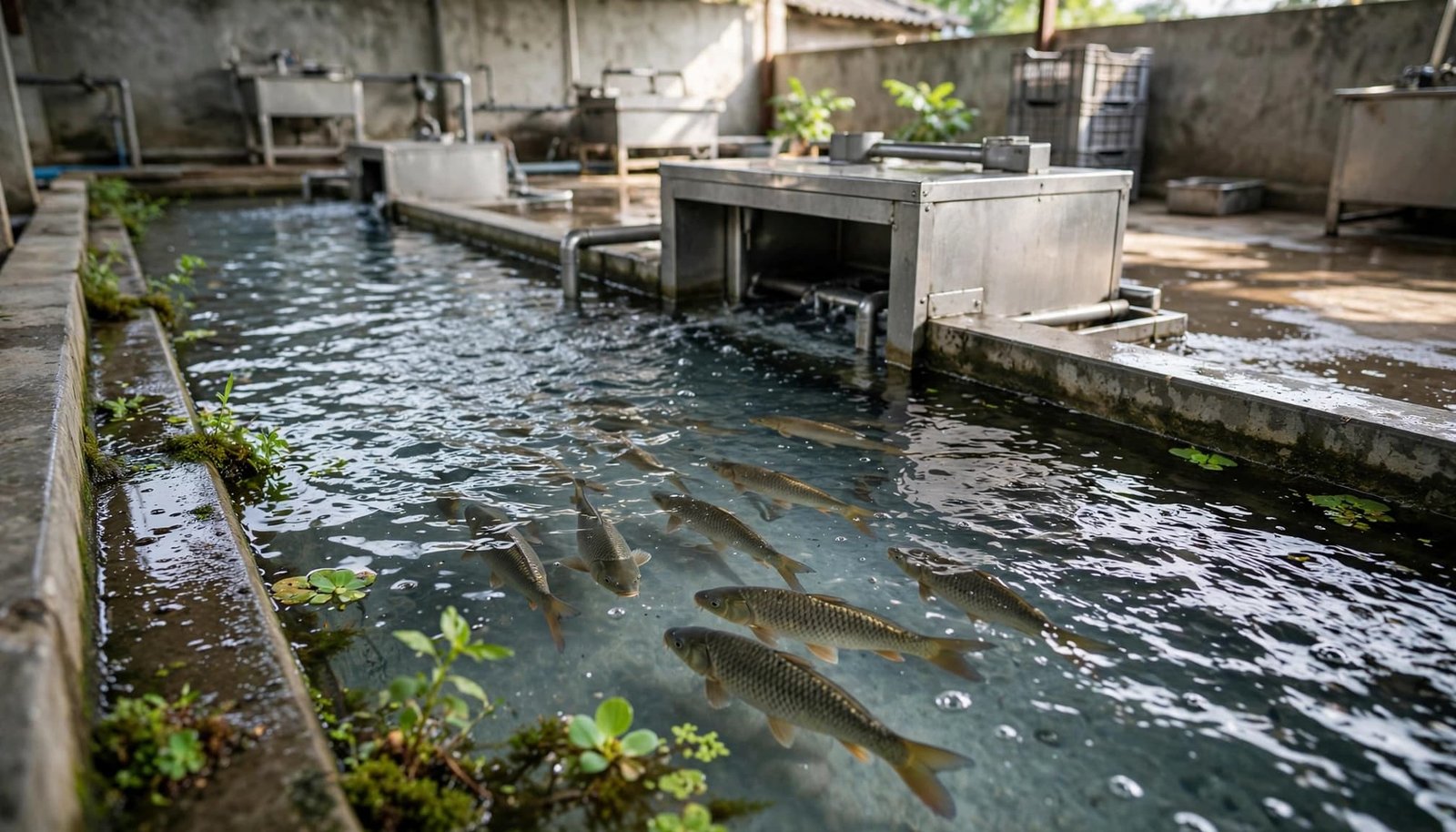 Fish swimming in a concrete water channel toward a stainless steel equipment unit in an industrial setting.