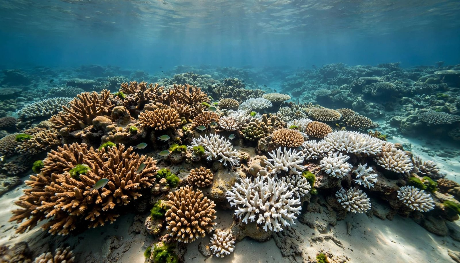 Wide underwater view of a shallow coral reef with healthy brown coral and bleached white coral.