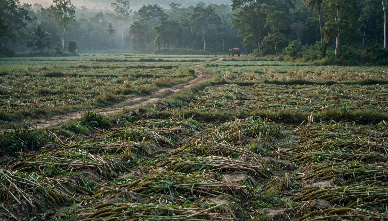 Flattened crops lead along a path toward a distant elephant at the forest edge.