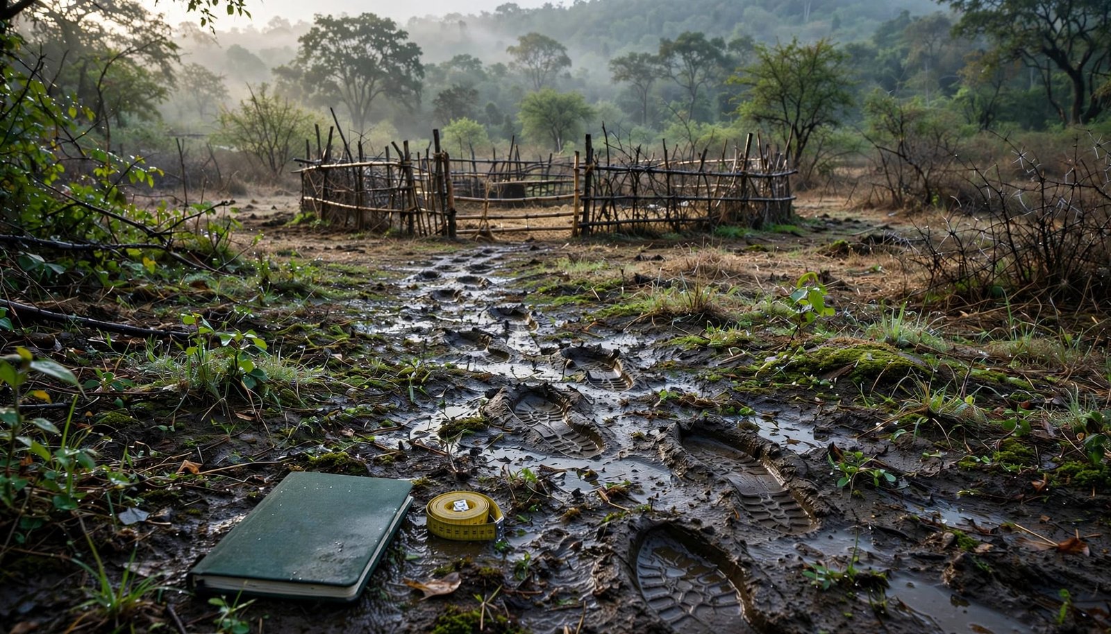 A notebook, measuring tape, and boot prints beside a fenced livestock pen and forest.