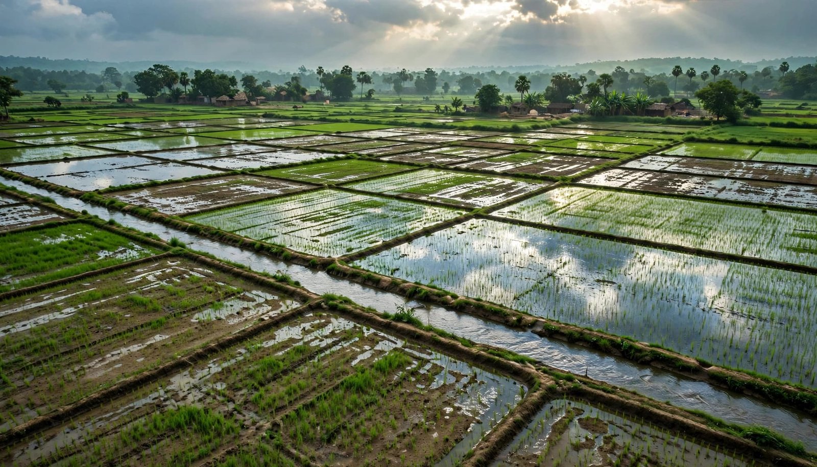 An elevated view of a wide rice landscape with alternating flooded and dry plots under a cloudy sky.