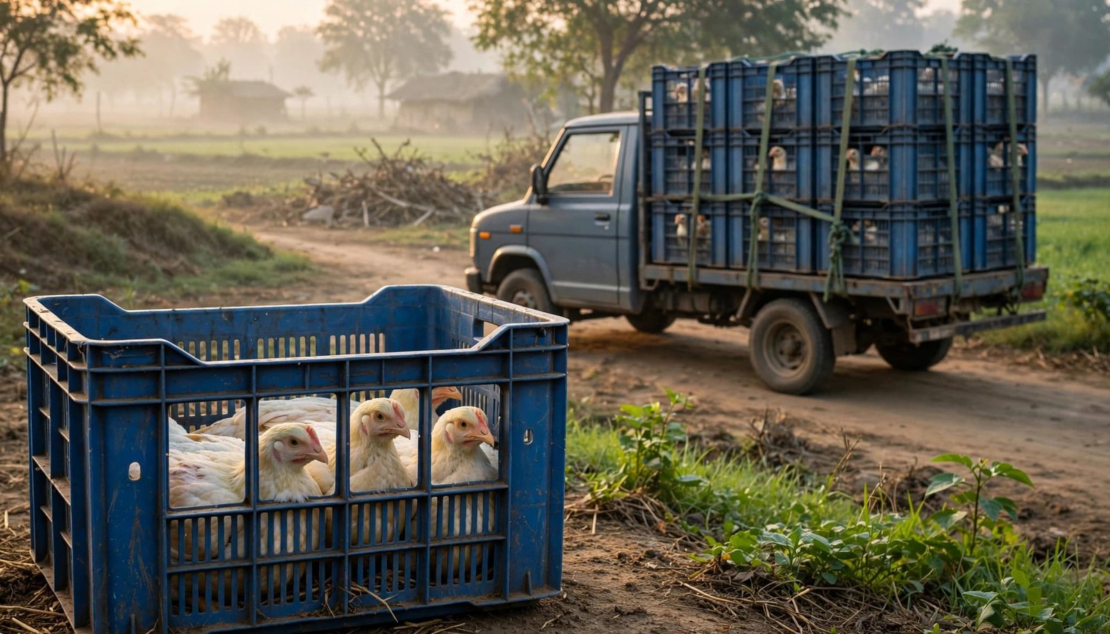 A blue transport crate with chickens sits in the foreground, with a truck stacked with crates in the background.