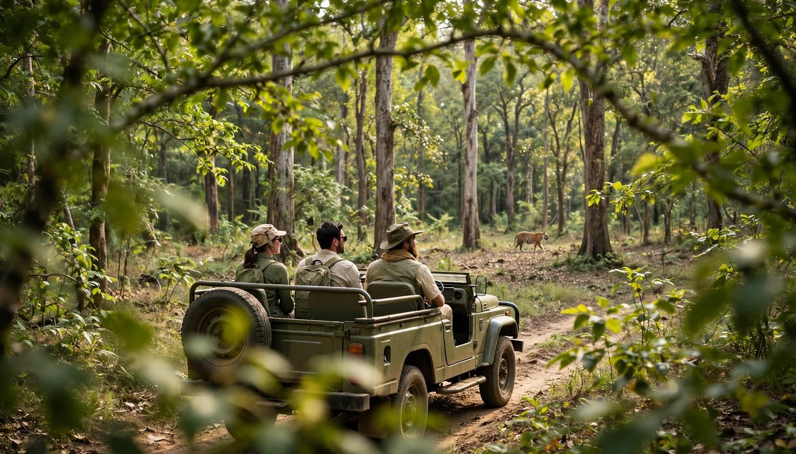 Two visitors and a naturalist watch a distant tiger from a safari jeep.