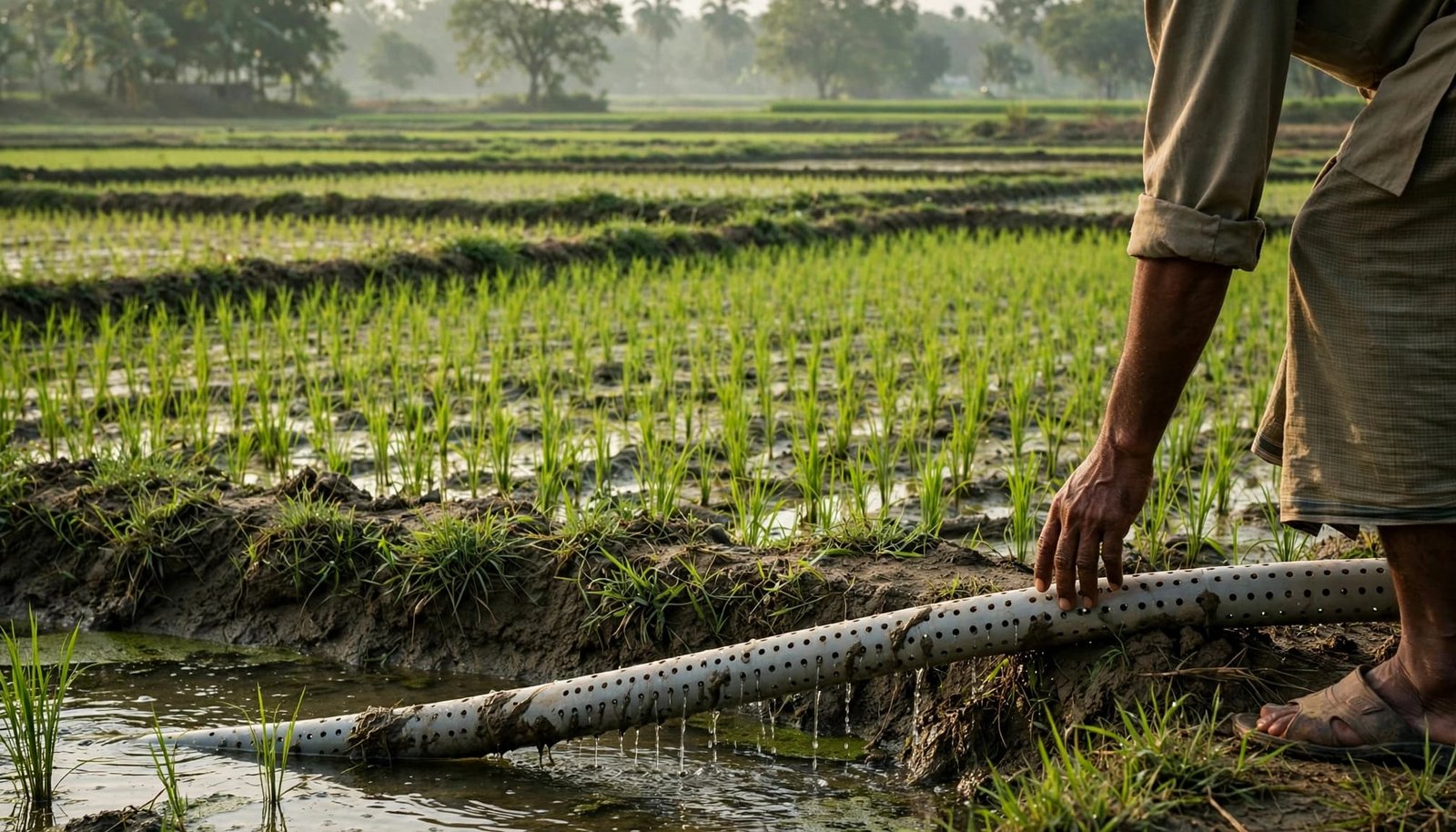 A farmer touches a perforated water tube in a flooded rice paddy.