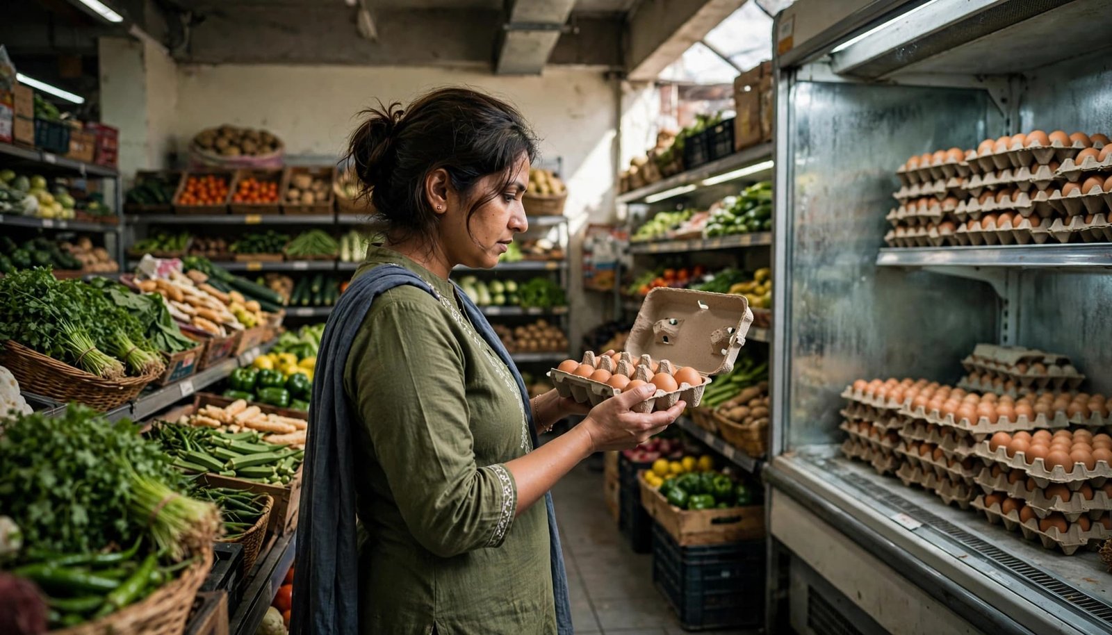 A shopper examines an unmarked egg carton beside a supermarket egg shelf.
