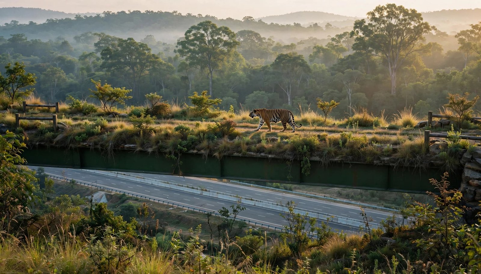 A tiger crosses a grassy overpass above a highway near the forest.