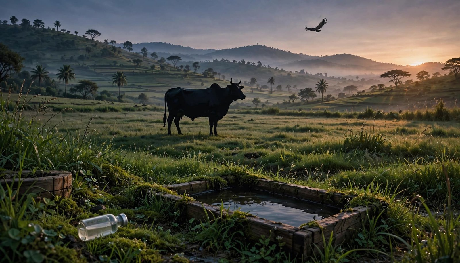 A black cow stands in a pasture near a water trough and a glass vial, with a vulture flying above hills at sunset.