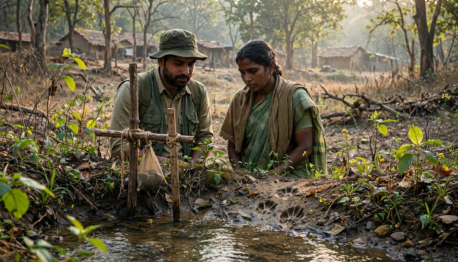 Two local stewards observe tracks beside a forest water station and stream.