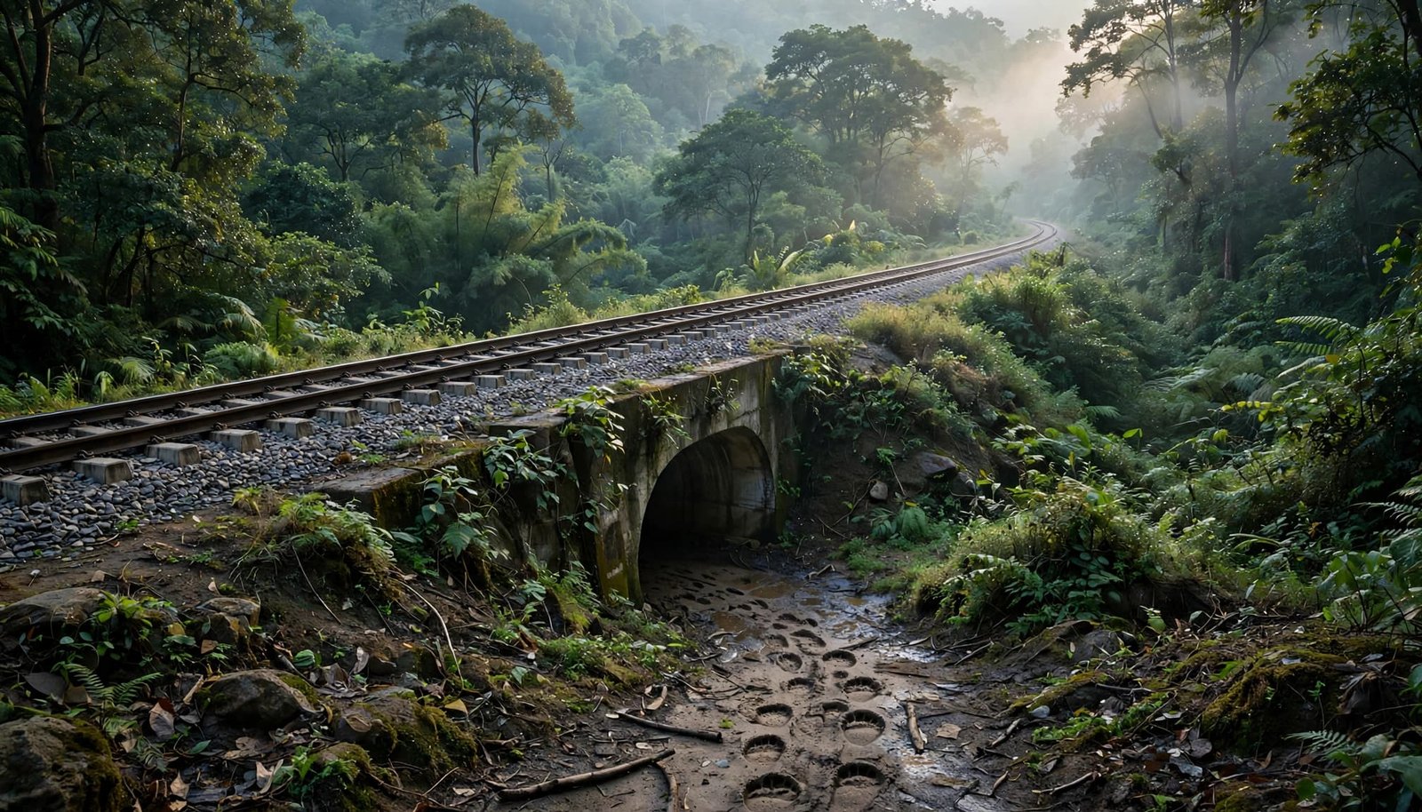 Railway tracks cross a forest corridor above an underpass marked by elephant footprints.