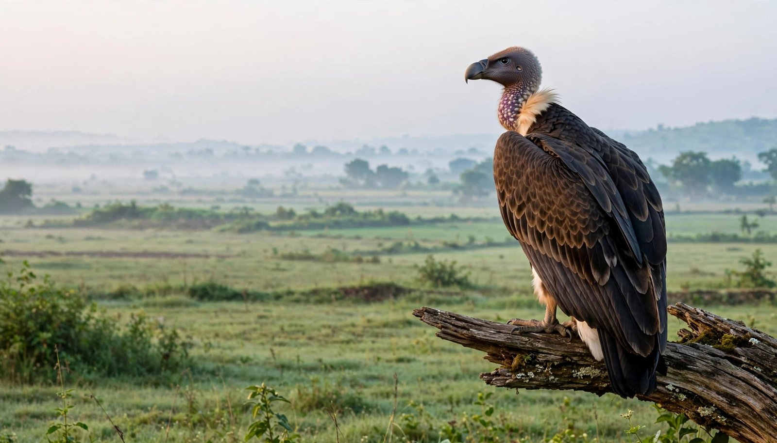 A white-rumped vulture perches on a weathered branch overlooking a misty landscape at dawn.
